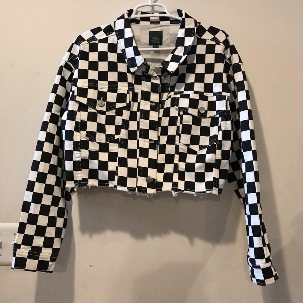 wild fable Black and White Checkered Cropped Denim Jacket